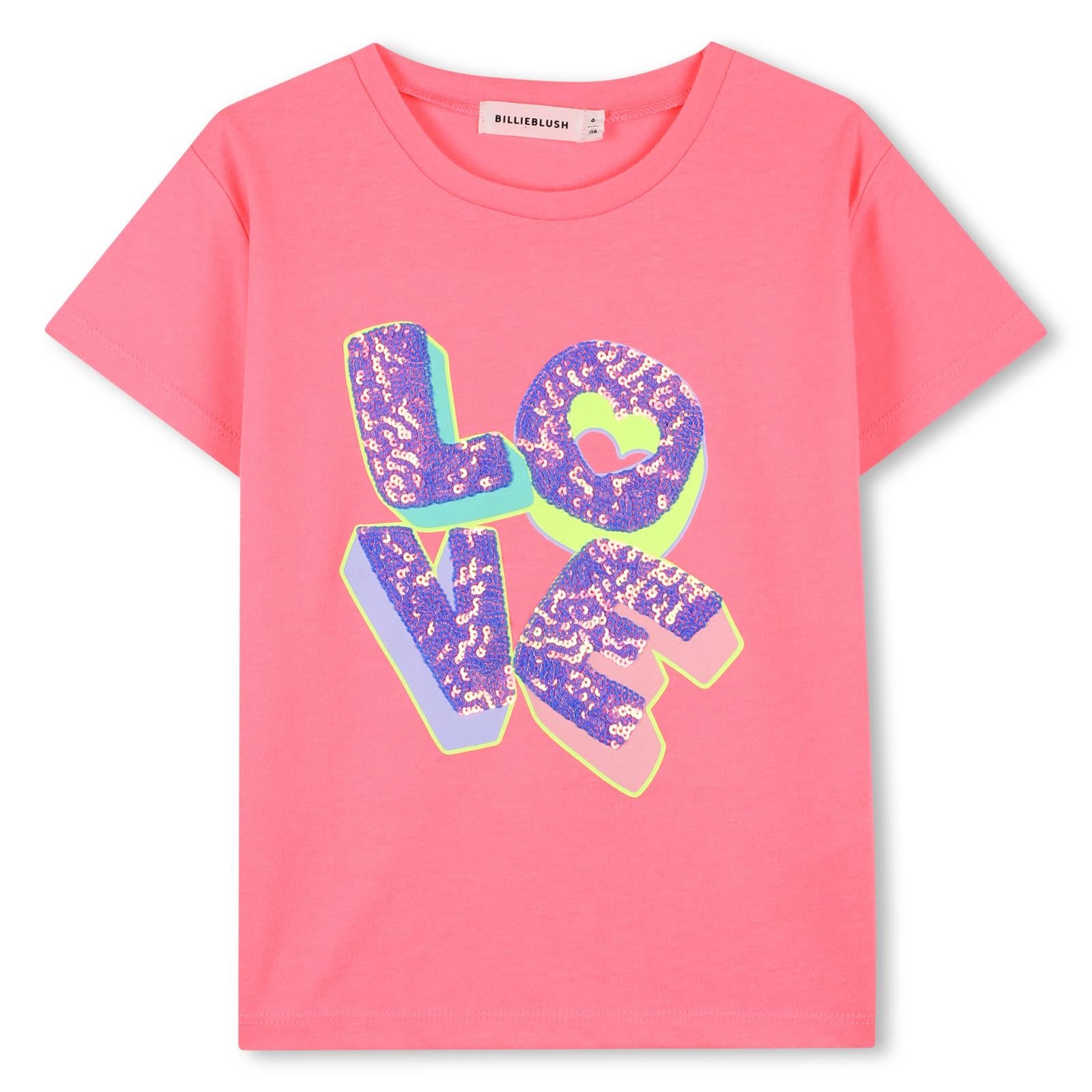 Billieblush Girls Bright Coral Pink Sequin Love Tshirt u21957