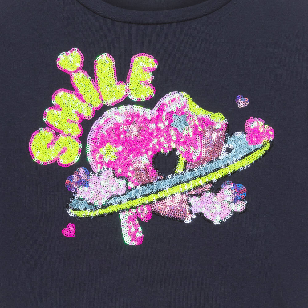 Billieblush Girls Navy Sequin Heart Long Sleeved Top.