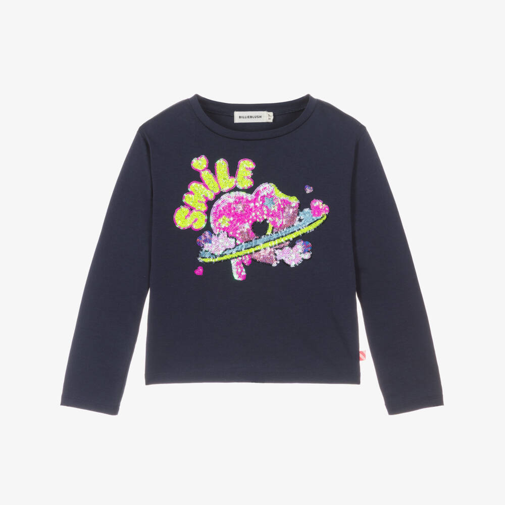 Billieblush Girls Navy Sequin Heart Long Sleeved Top.