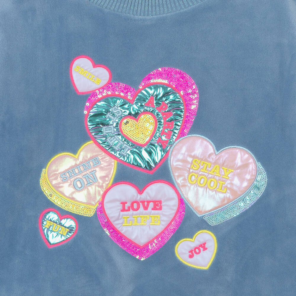 Billieblush Girls Blue Sequin Heart Velour Sweater