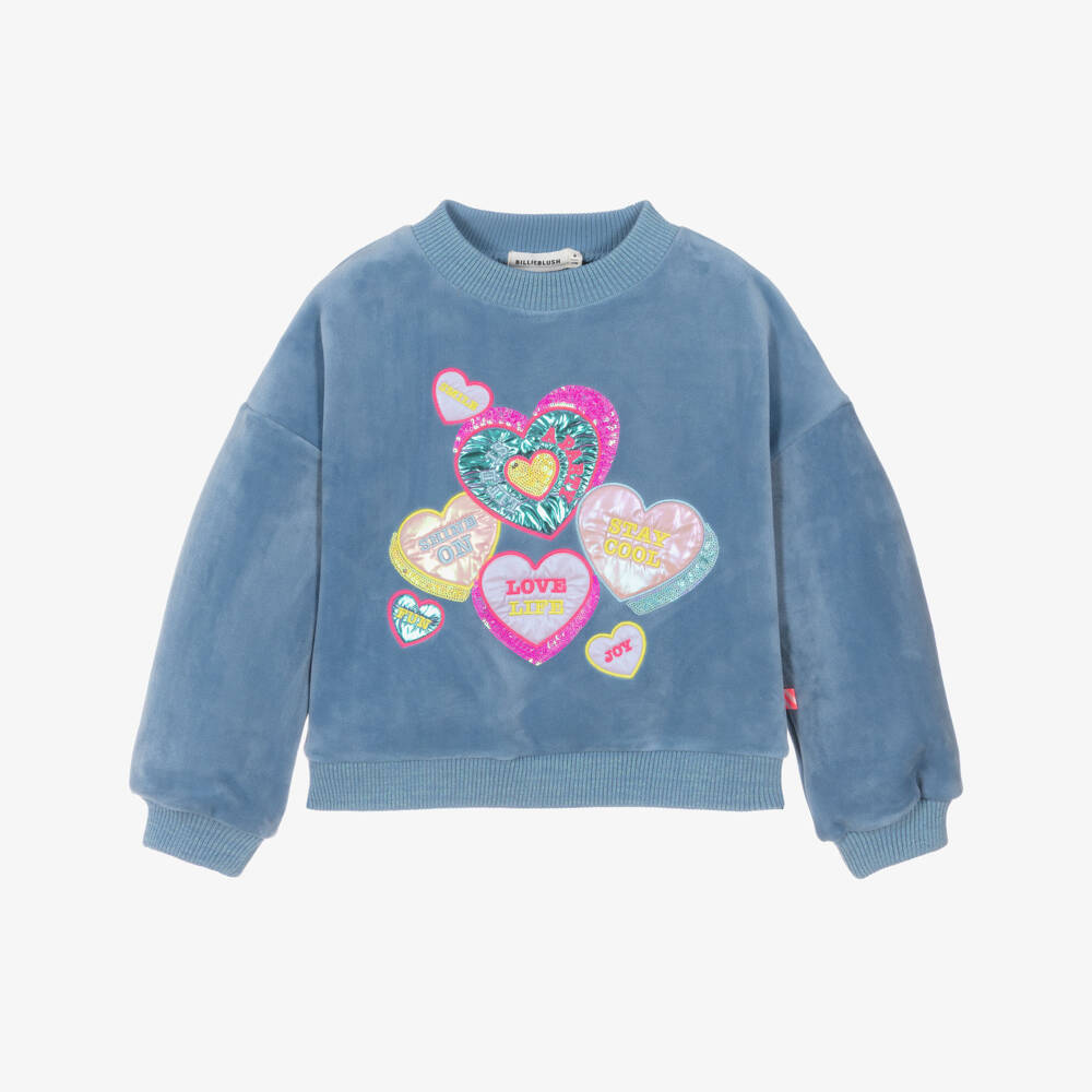 Billieblush Girls Blue Sequin Heart Velour Sweater