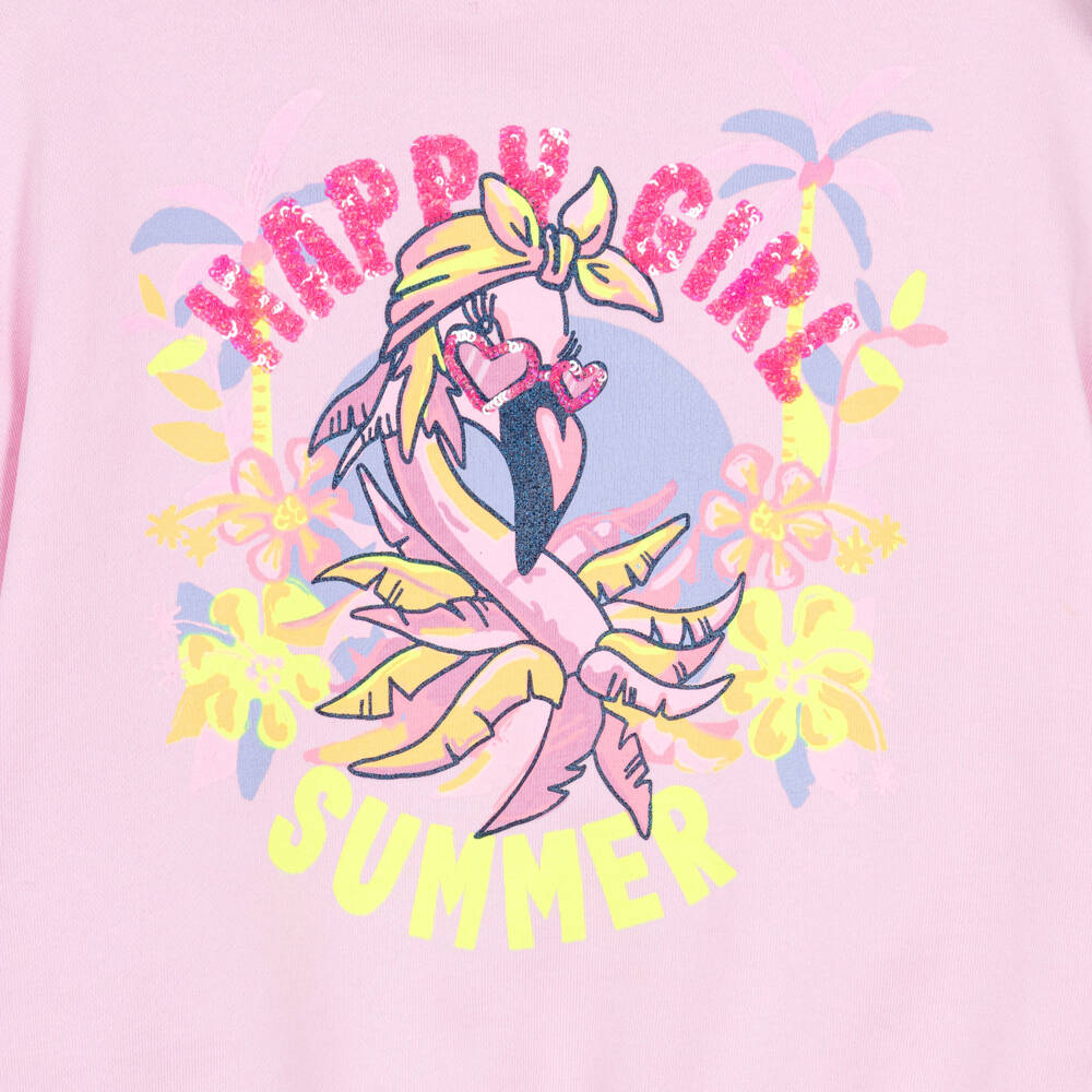Billieblush Girls Pink Cotton Happy Girl Sweatshirt With Flamingo Print.
