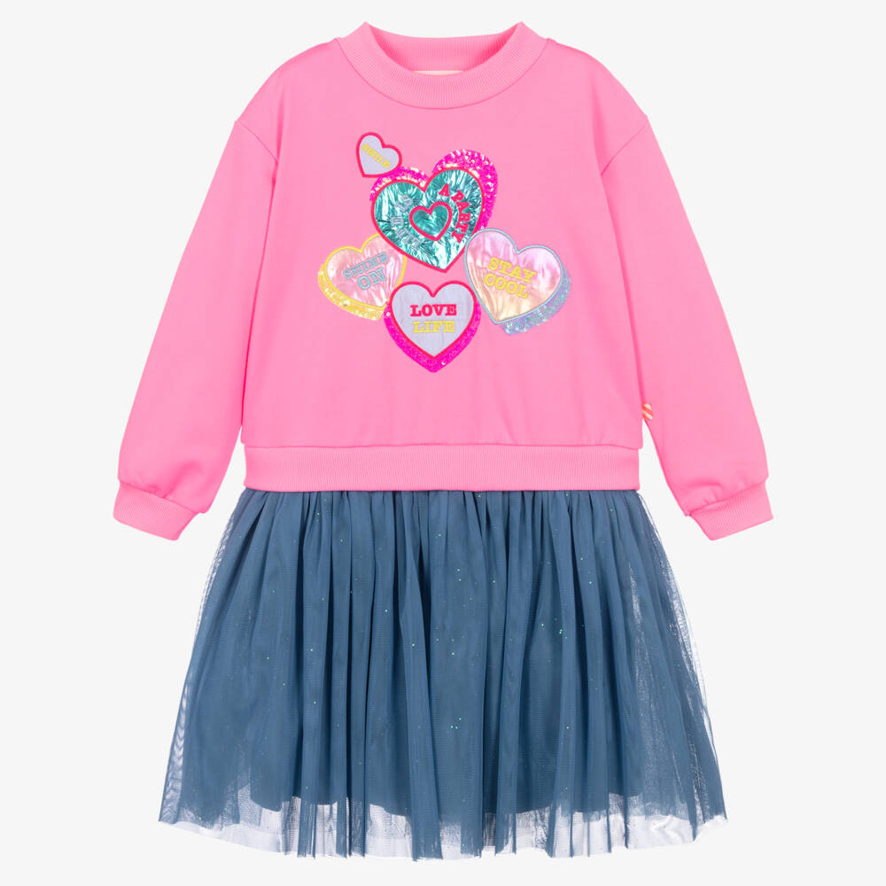 Billieblush Girls Pink Sweatshirt Dress With Tulle Skirt.