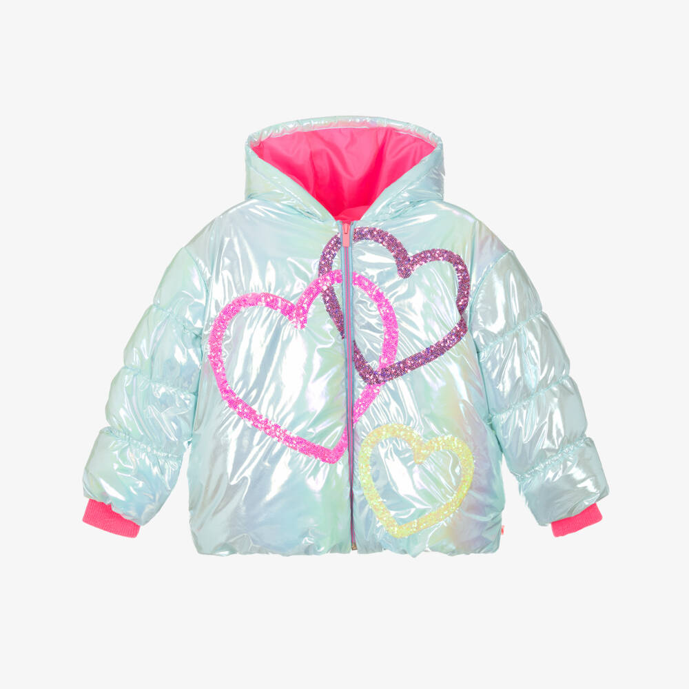 Billieblush Girls Metallic Blue Sequin Heart Coat