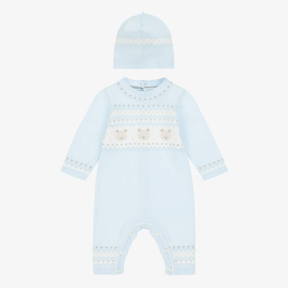 Emile Et Rose Boys kristian Blue Cotton Knit Teddy Bear Baby Grow Set.