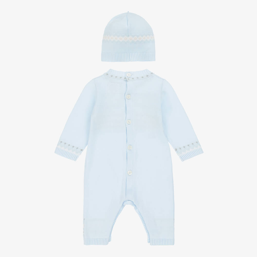 Emile Et Rose Boys kristian Blue Cotton Knit Teddy Bear Baby Grow Set.